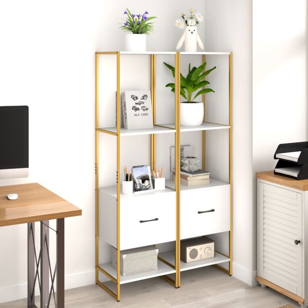 5-Tier Tall Narrow Bookcase Bookshelf with Drawer Shelves-White