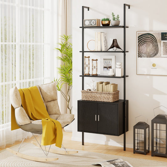 5-Tier Wall Mount Ladder Bookcase with Cabinet and Anti-Tipping Kits-Black