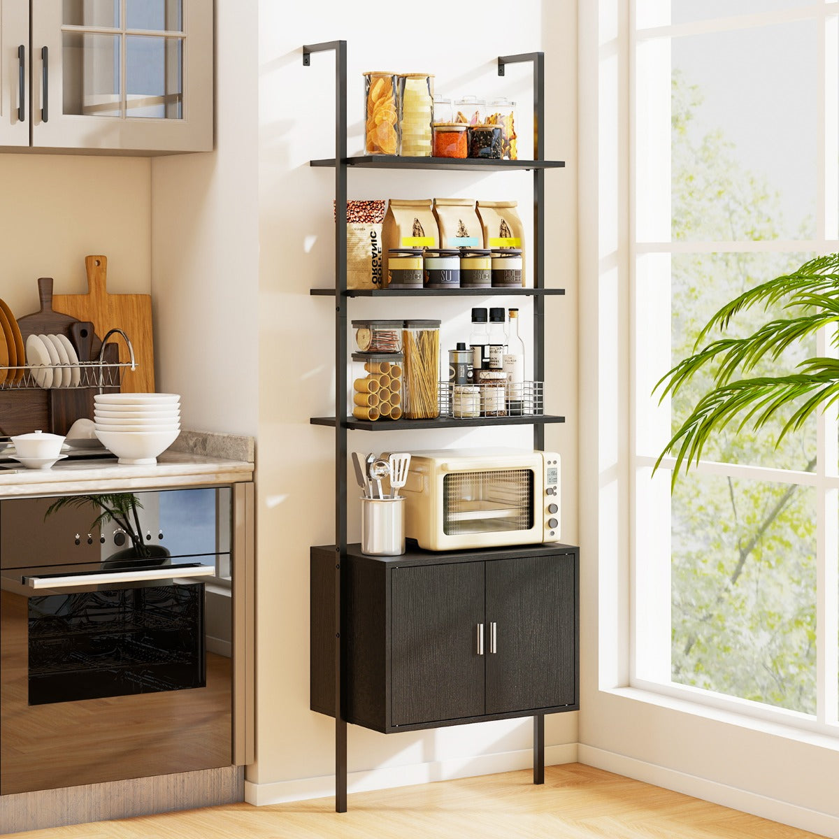 5-Tier Wall Mount Ladder Bookcase with Cabinet and Anti-Tipping Kits-Black