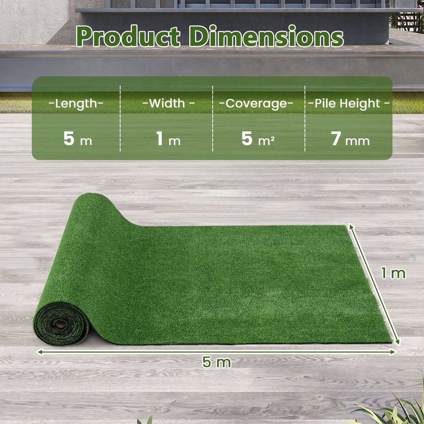 5 x 1 M Artificial Turf Rug with Low 7 mm Pile Height and Drainage Holes