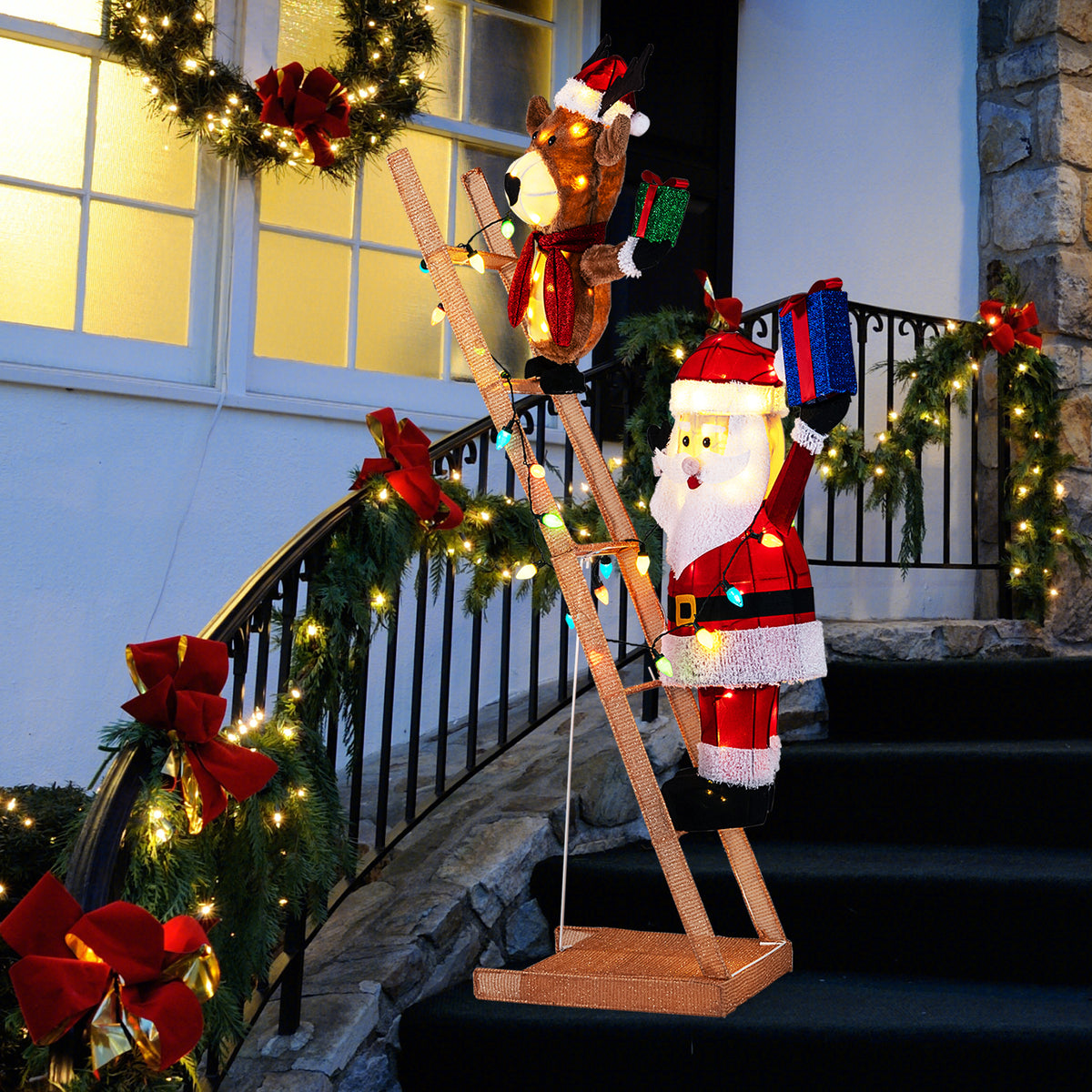 5.5 Feet Lighted Reindeer and Santa Claus on Ladder 3D Pre-Lit Indoor Outdoor