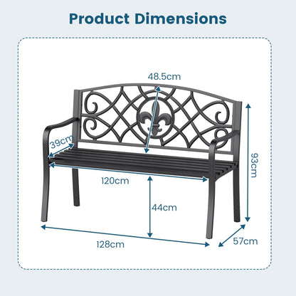 50.5 Inch Outdoor Garden Bench for 2-3 with Cast Iron Floral Backrest-Black