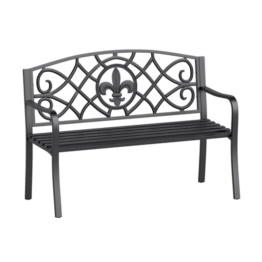 50.5 Inch Outdoor Garden Bench for 2-3 with Cast Iron Floral Backrest-Black