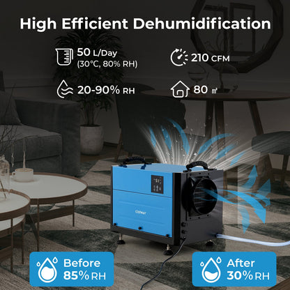 50/70L/Day Industrial Dehumidifier with Pump and Drain Hose-Blue-50L