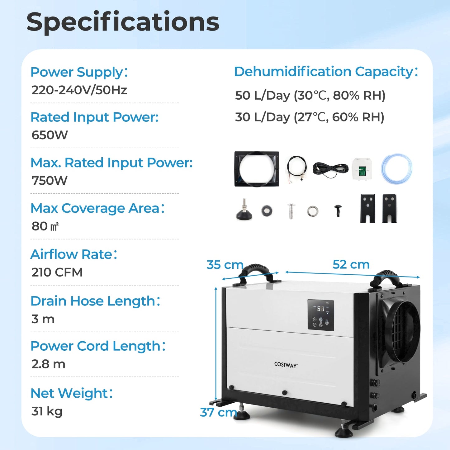 50/70L/Day Industrial Dehumidifier with Pump and Drain Hose-White-50L