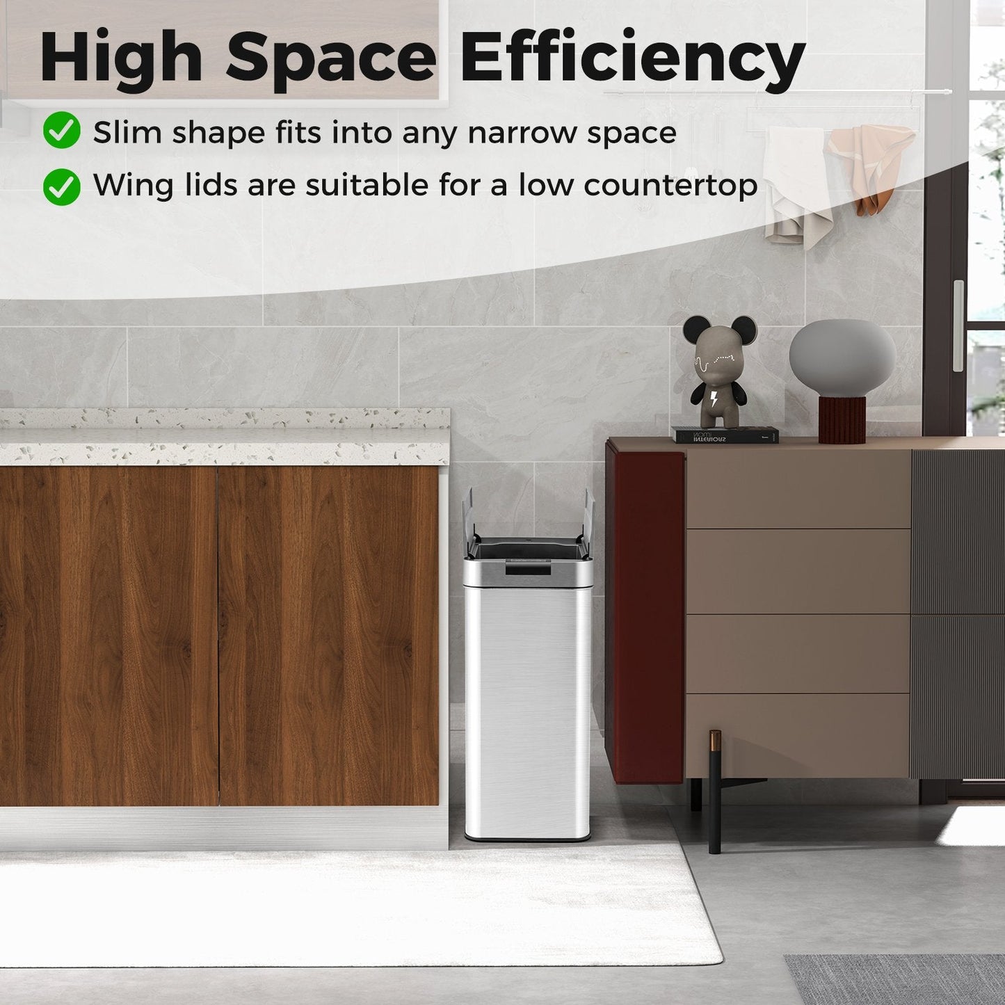 50L Slim Kitchen Trash Can with Wing Lids-Silver