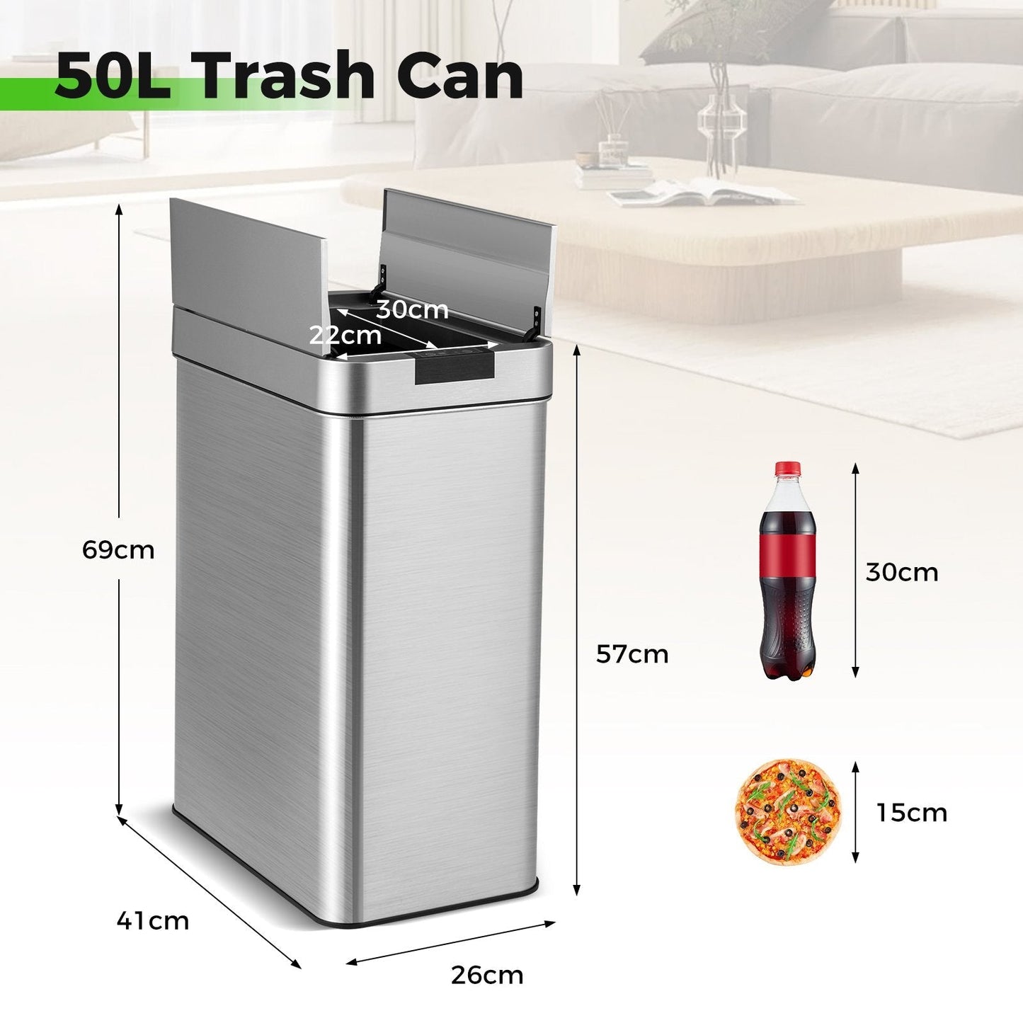 50L Slim Kitchen Trash Can with Wing Lids-Silver