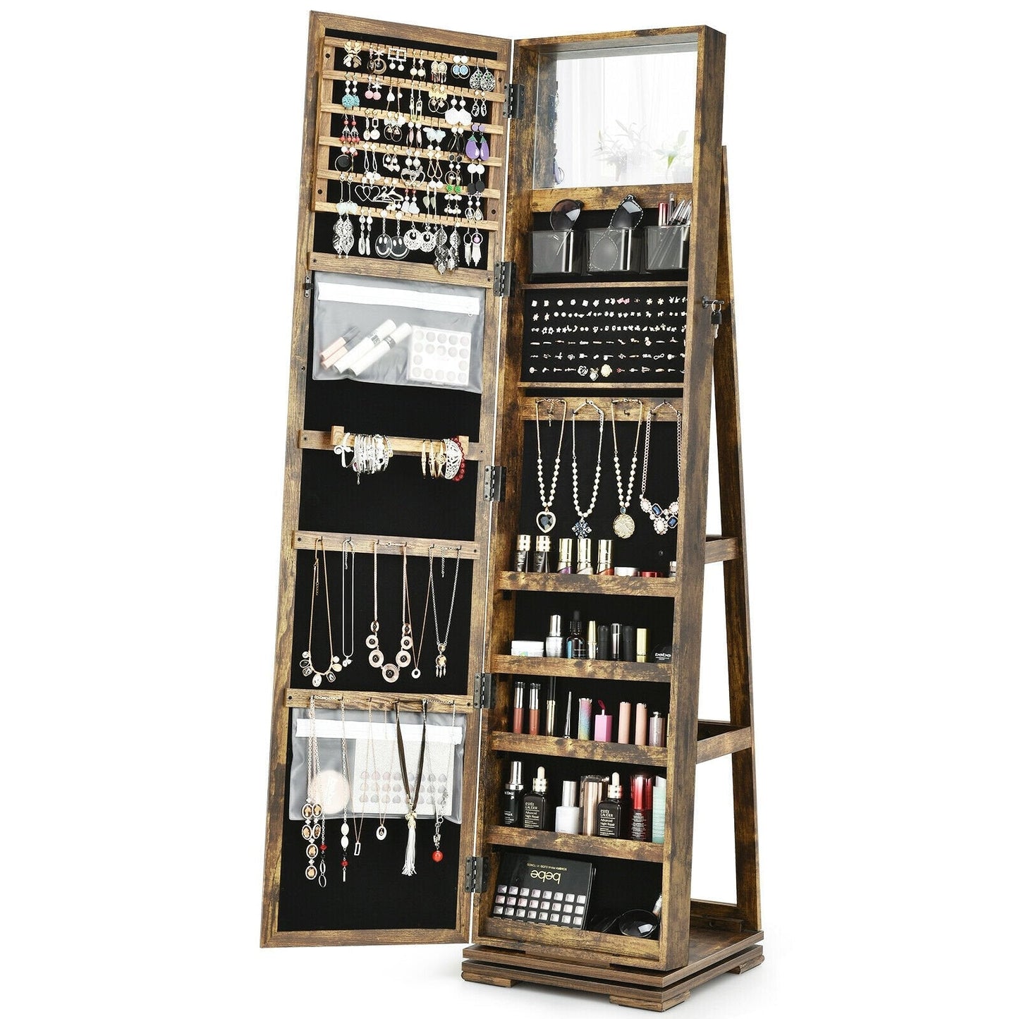 Full Length Mirrored Jewellery Cabinet Rotates 360° with Open Display Shelves-Rustic Brown