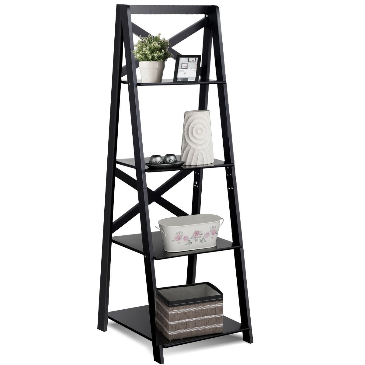4 Tier Wooden Ladder Shelving Unit-Black