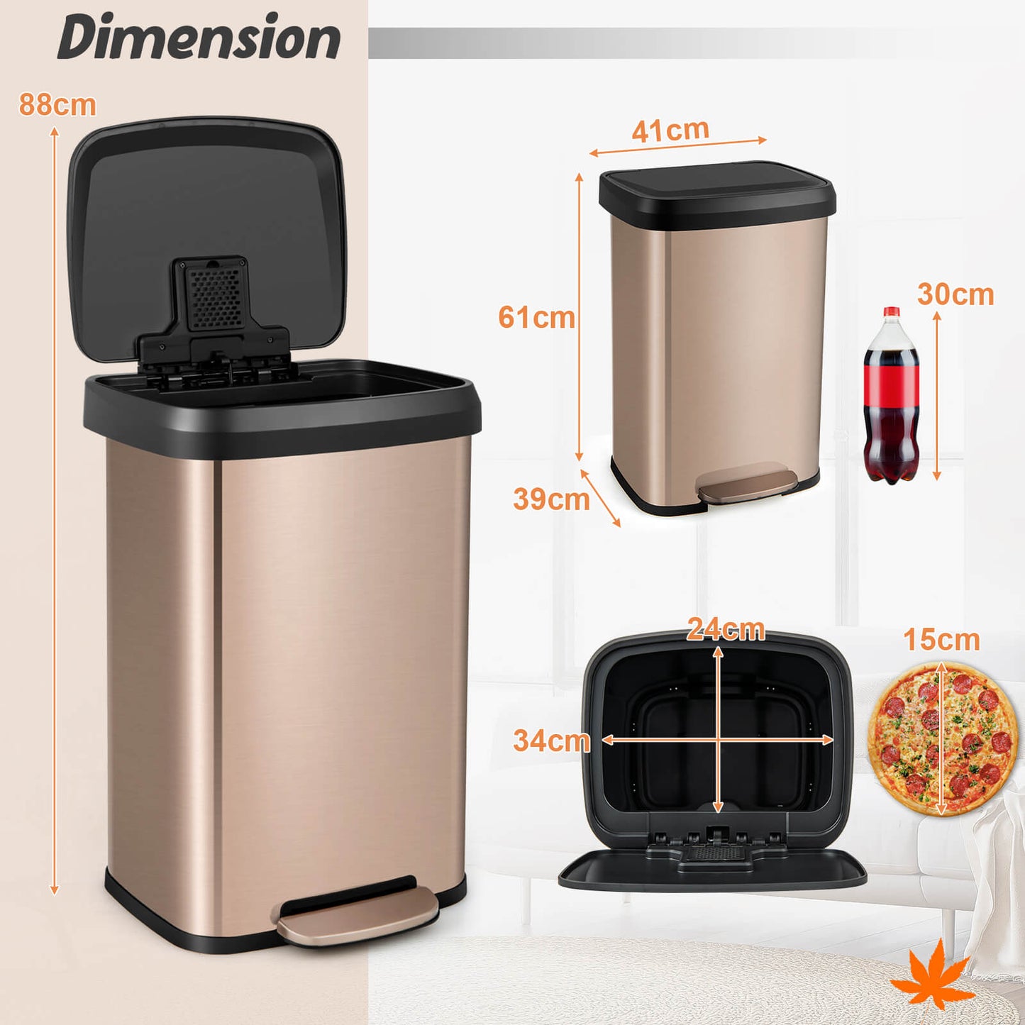 50 L Stainless Steel Step Trash Can with Deodorizer Compartment-Rose Gold
