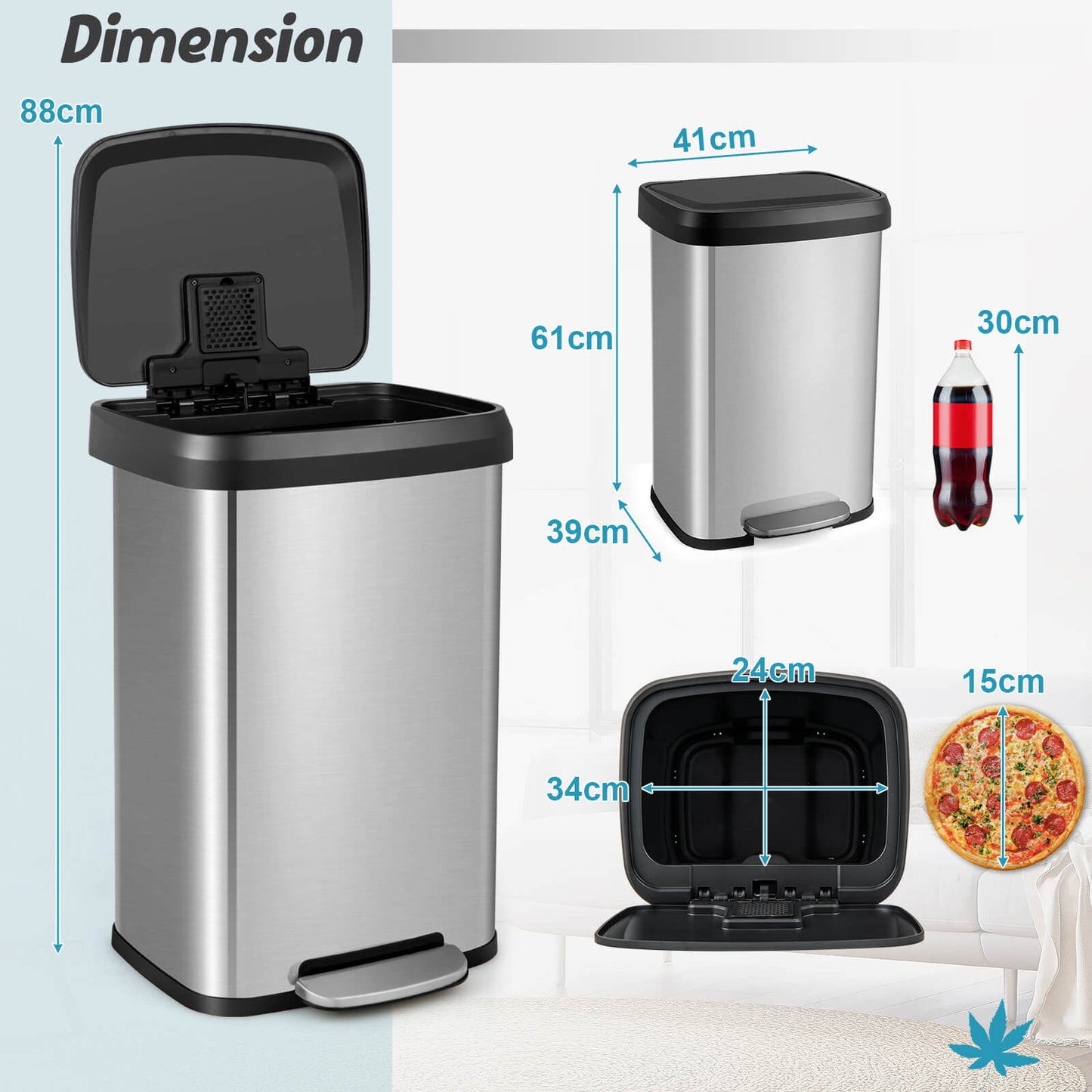 50 L Stainless Steel Step Trash Can with Deodorizer Compartment-Silver