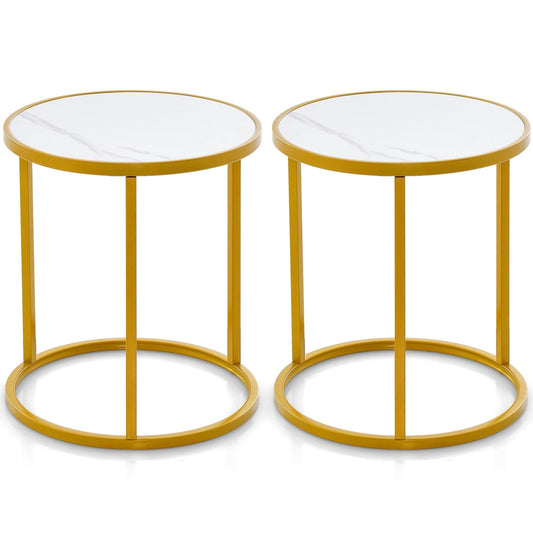 50 x 50 cm Marble Top Round Side Table with Golden Metal Frame-Golden-2 Pieces