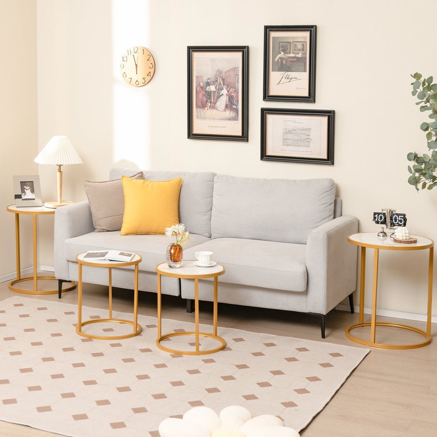 50 x 50 cm Marble Top Round Side Table with Golden Metal Frame-Golden-2 Pieces