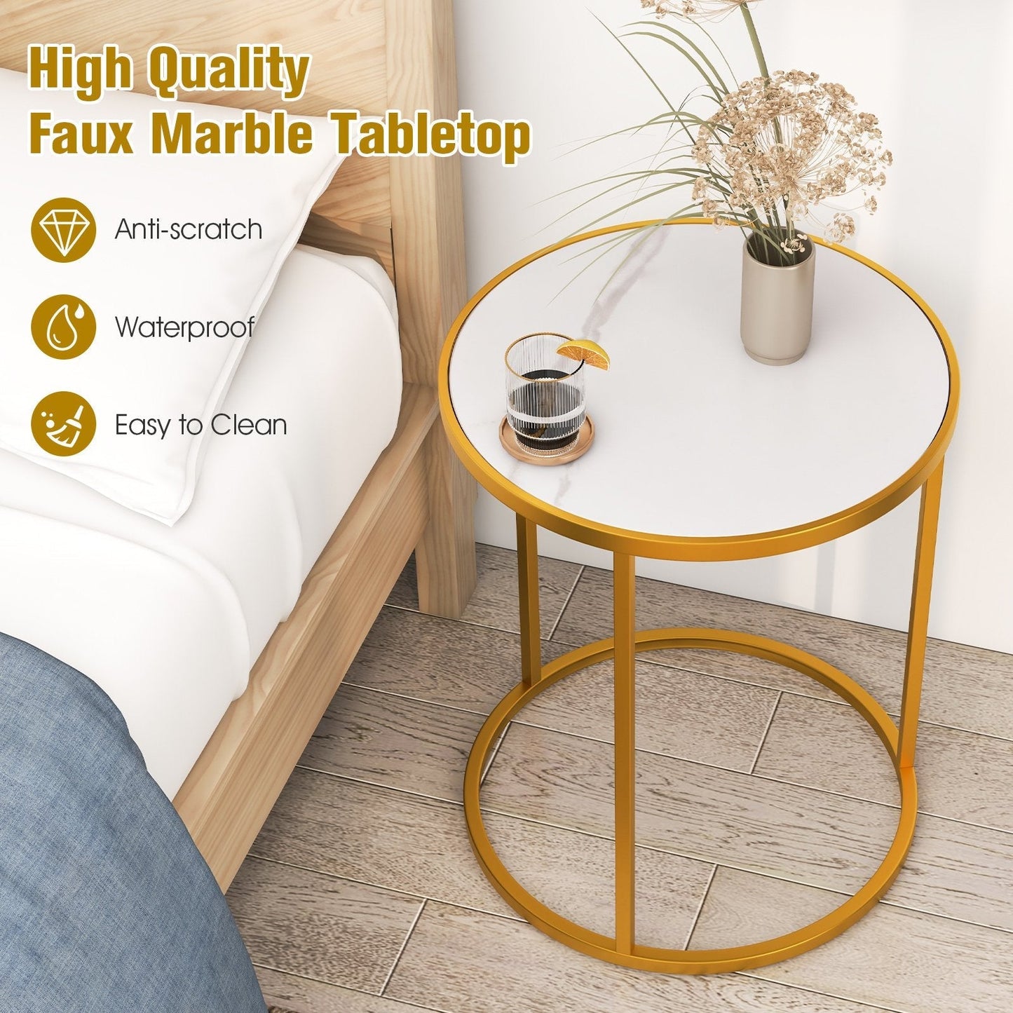 50 x 50 cm Marble Top Round Side Table with Golden Metal Frame-Golden-2 Pieces