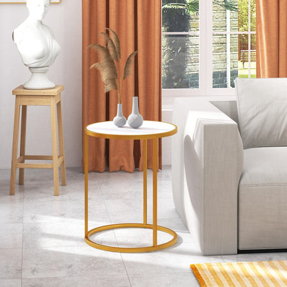 50 x 50 cm Marble Top Round Side Table with Golden Metal Frame-Golden-2 Pieces