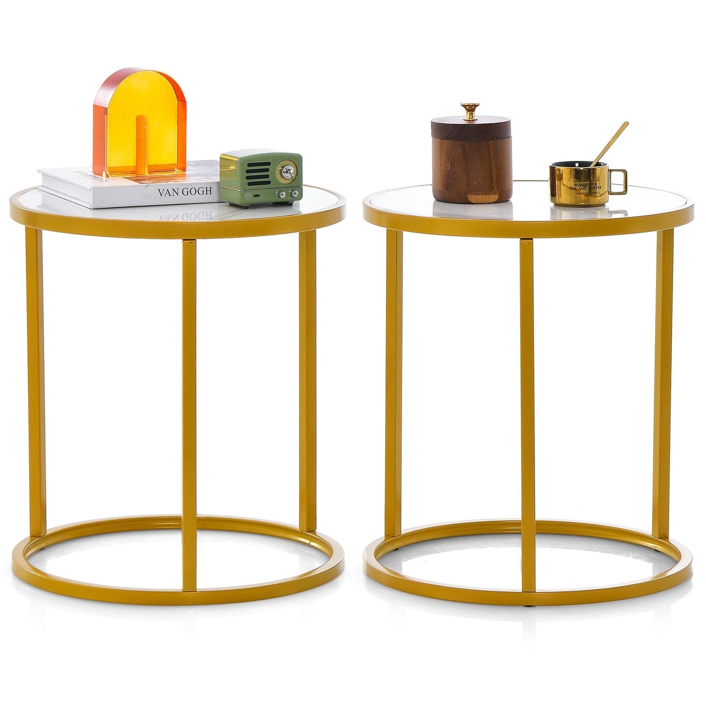 50 x 50 cm Marble Top Round Side Table with Golden Metal Frame-Golden-2 Pieces