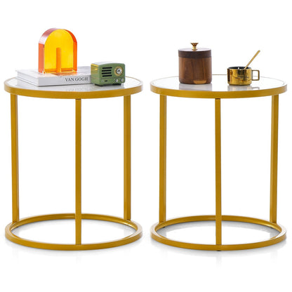 50 x 50 cm Marble Top Round Side Table with Golden Metal Frame-Golden-2 Pieces