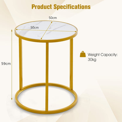 50 x 50 cm Marble Top Round Side Table with Golden Metal Frame-Golden-2 Pieces