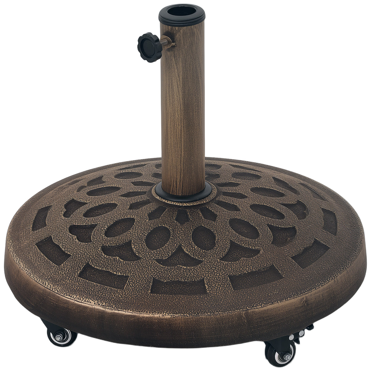 Outsunny 21kg Resin Garden Parasol Base with Wheels, Round Umbrella Stand, Heavy Duty Sun Umbrella Base for 32, 38, 48 mm Umbrella Poles for Deck Poolside, Bronze Tone