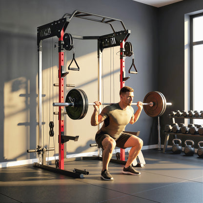 SPORTNOW Power Cage Smith Machine, Power Rack with Adjustable Cable Pulley System, Pull-Up Bar, Dip Station, Landmine