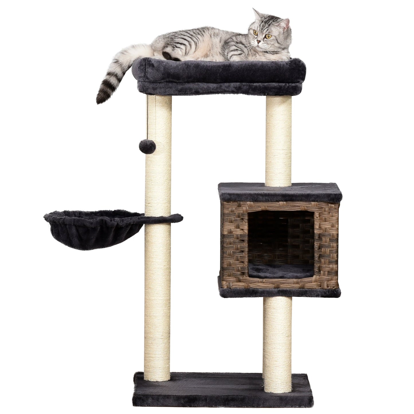 PawHut Cat Tree Tower w/ Sisal Posts Condo Hanging Ball Cushion Perch PE Rattan