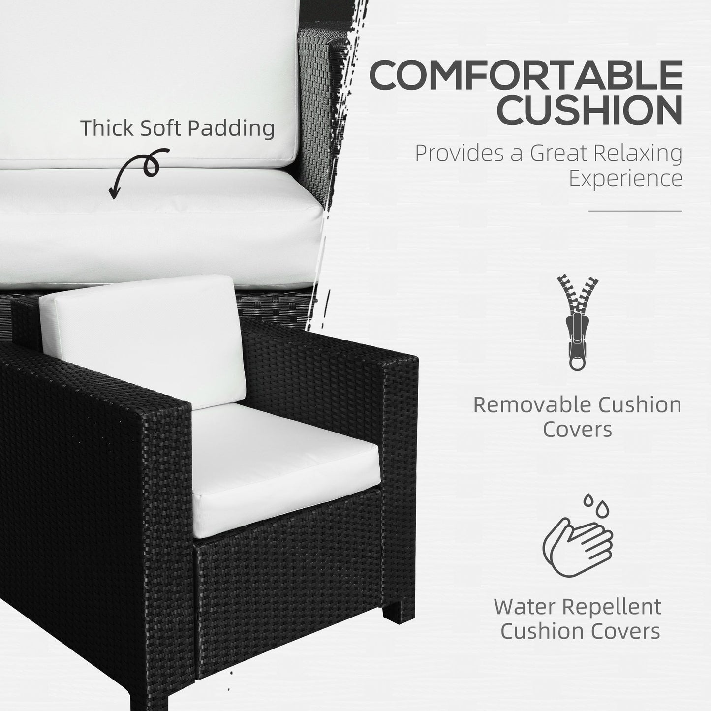 Outsunny Jednoosobowa sofa rattanowa z 10 cm grubą wyściełaną poduszką, fotel ogrodowy z plecionki PE, odporny na warunki atmosferyczne, z podłokietnikami, czarny