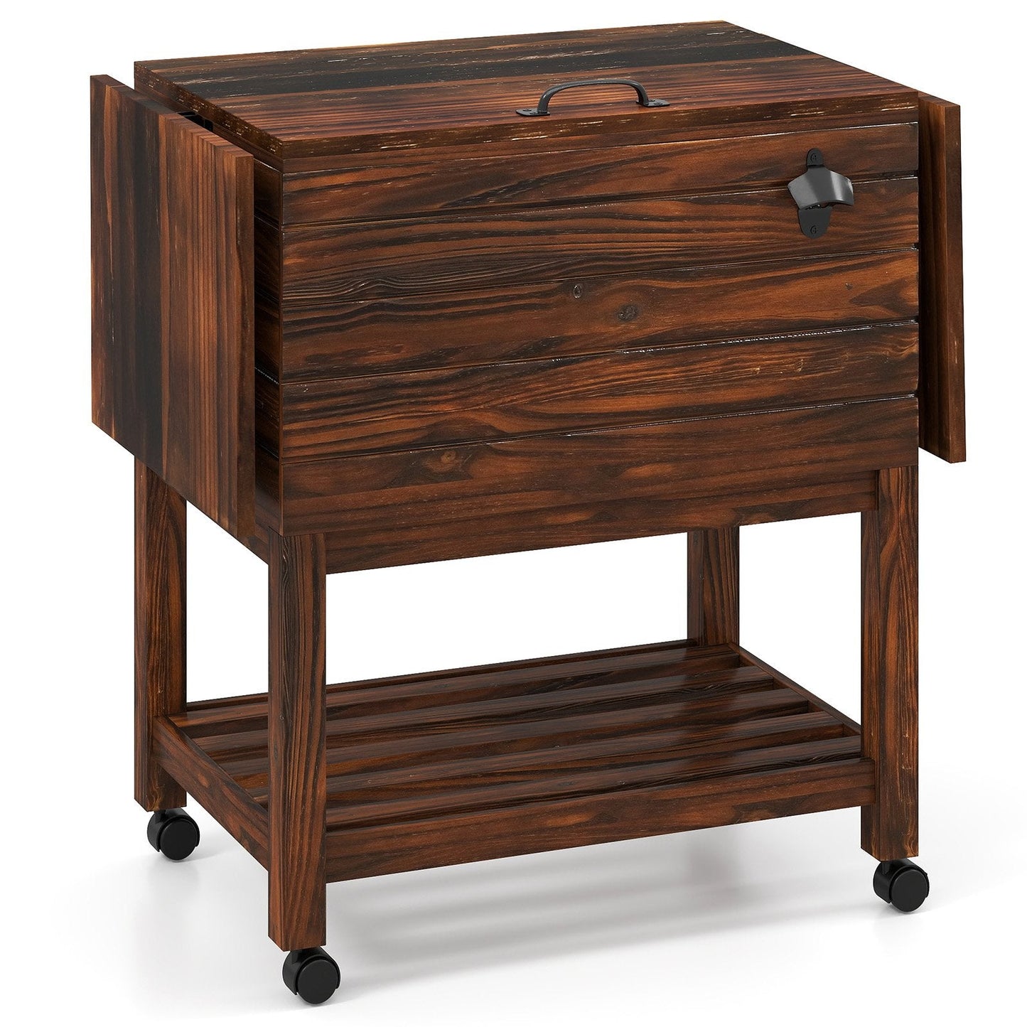 51L Rolling Wooden Patio Cooler Cart with 2 Drop Leaf Tables for Backyard BBQ-Rustic Brown
