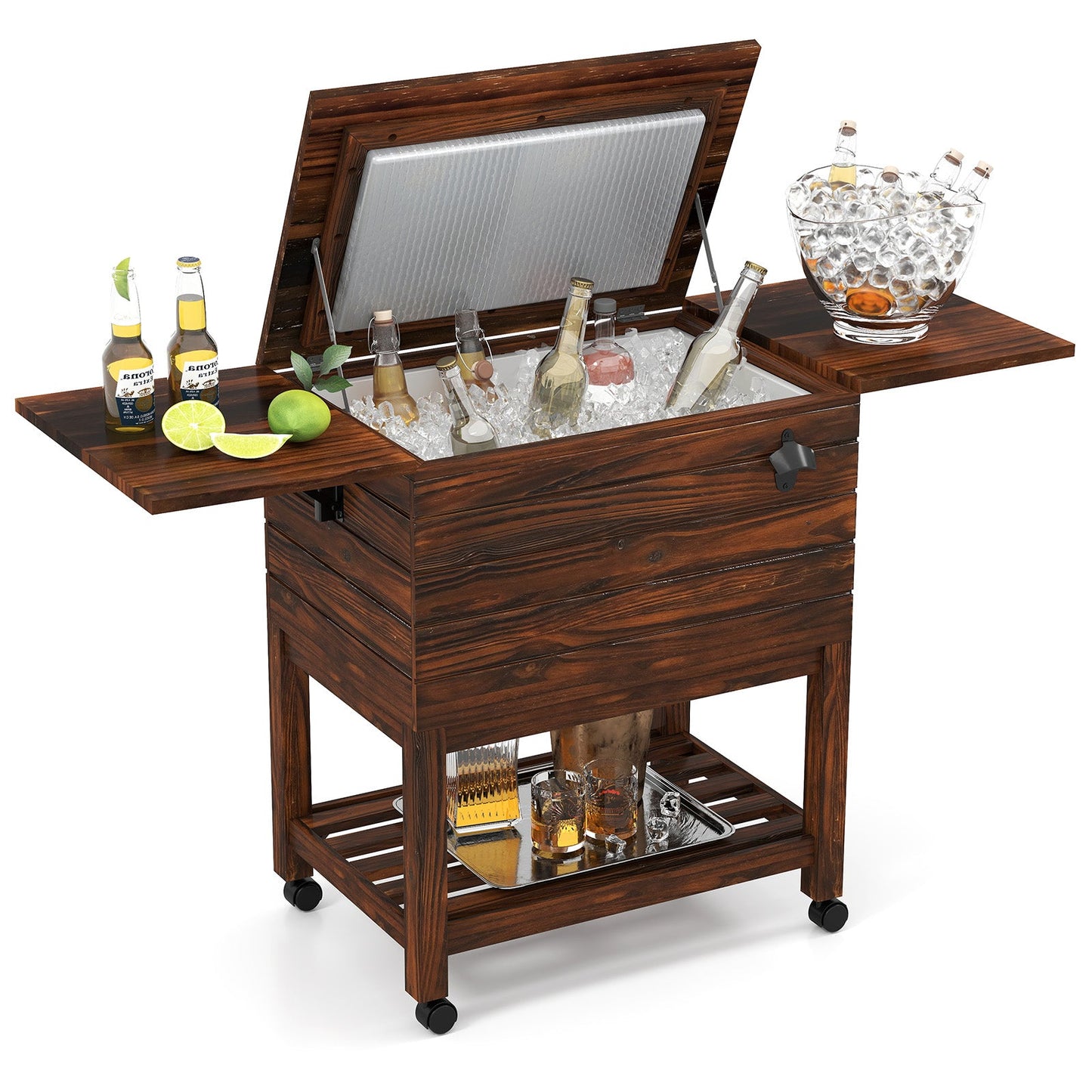 51L Rolling Wooden Patio Cooler Cart with 2 Drop Leaf Tables for Backyard BBQ-Rustic Brown