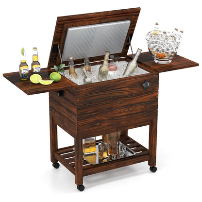 51L Rolling Wooden Patio Cooler Cart with 2 Drop Leaf Tables for Backyard BBQ-Rustic Brown