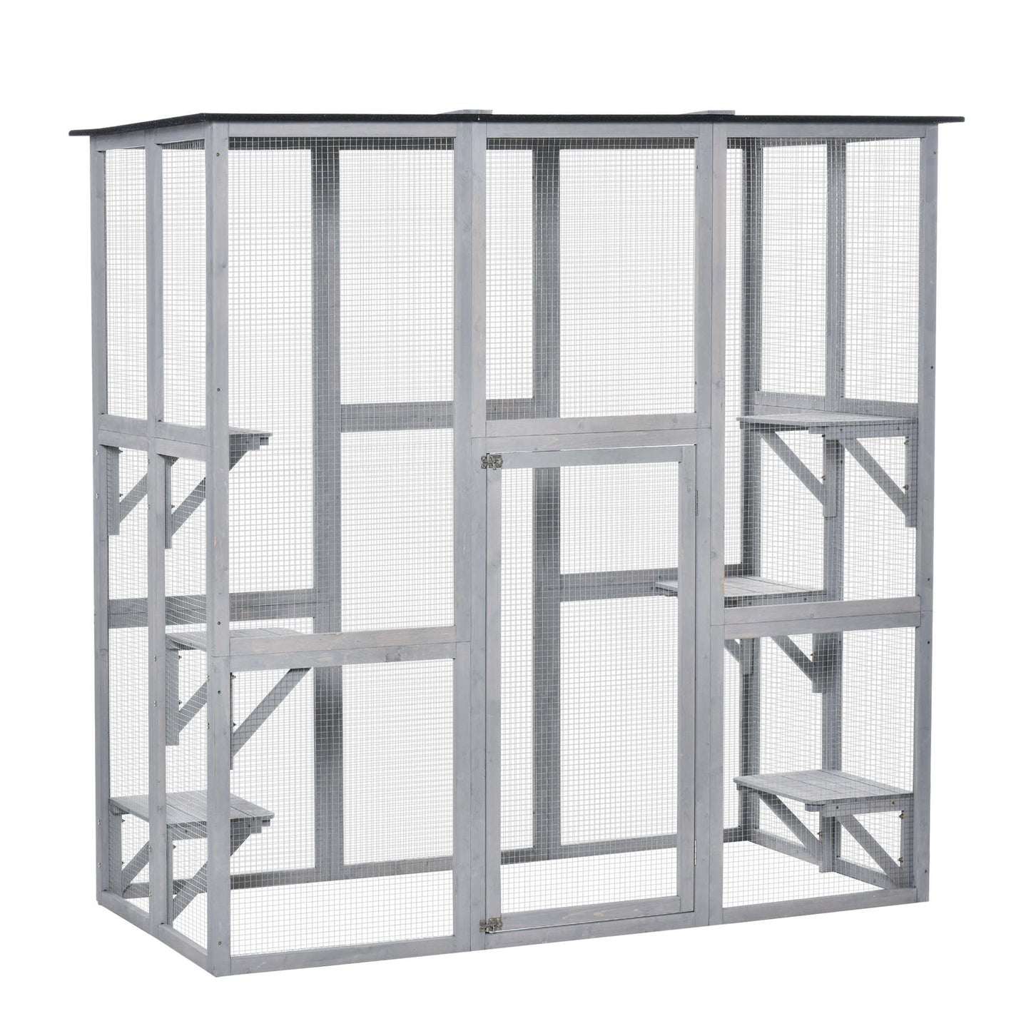 PawHut Wooden Catio Cat Outdoor Enclosure, Cat Cage with Waterproof Roof, Platforms, for Multiple Kittens, 180 x 98 x 180 cm