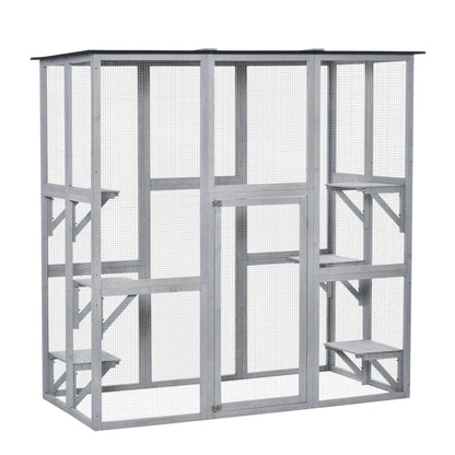 PawHut Wooden Catio Cat Outdoor Enclosure, Cat Cage with Waterproof Roof, Platforms, for Multiple Kittens, 180 x 98 x 180 cm