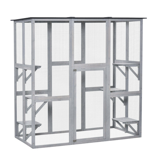 PawHut Wooden Catio Cat Outdoor Enclosure, Cat Cage with Waterproof Roof, Platforms, for Multiple Kittens, 180 x 98 x 180 cm