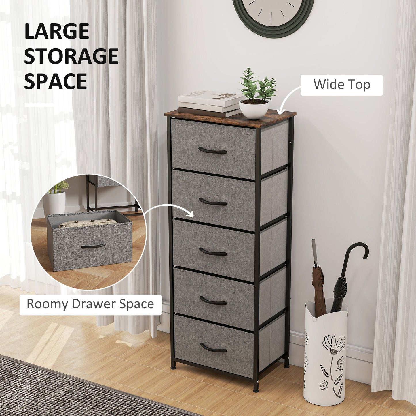 HOMCOM Fabric Chest of Drawers, Industrial Bedroom Dresser with 5 Fabric Drawers, Steel Frame and Wooden Top for Nursery, Living Room, Hallway, Rustic Brown and Grey