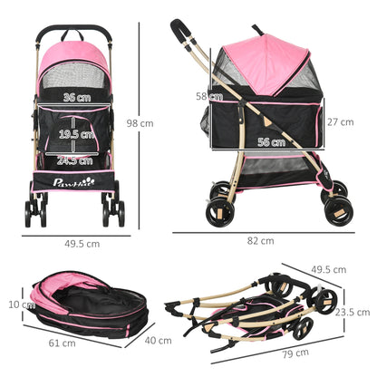 PawHut Detachable Pet Stroller, 3-In-1 Dog Cat Travel Carriage, Foldable Carrying Bag with Universal Wheel Brake Canopy Basket Storage Bag, Pink