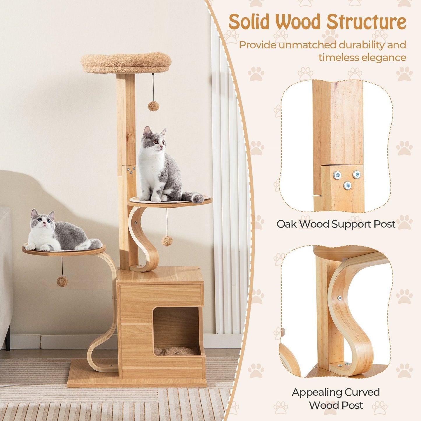 51 inches Wooden Cat Tree with Solid Wood Post and  Curved Plywood Frame-Natural