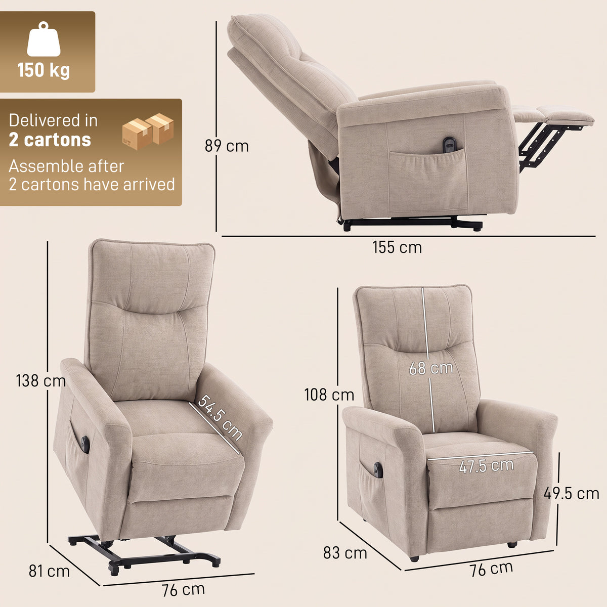 HOMCOM Power Lift Chair, Chenille Rise and Recliner Armchair with Pocket Spring, Footrest, Remote for Living Room, Light Brown