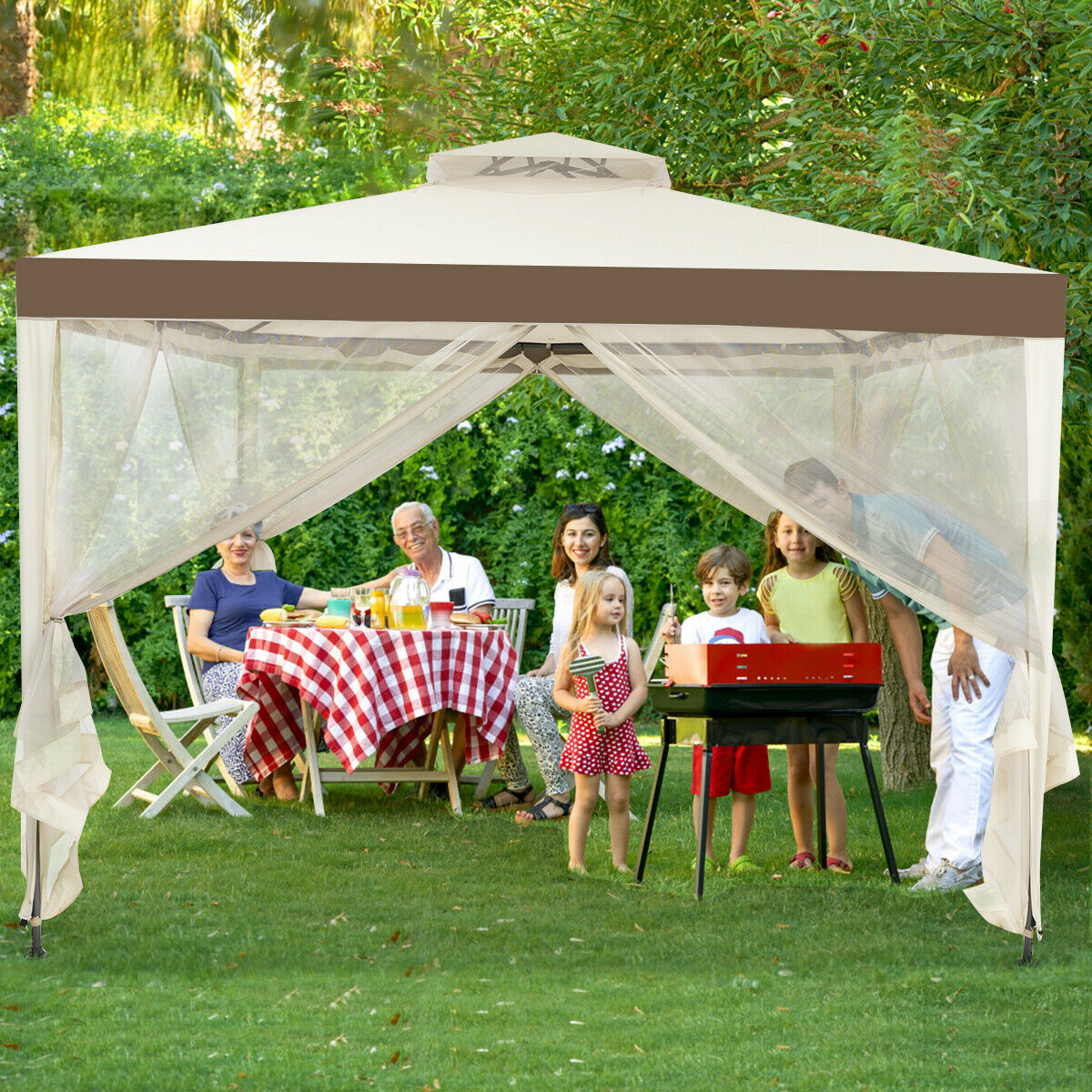 3m x 3m Gazebo Tent with Steel Frame and Double Tiered Canopy Beige