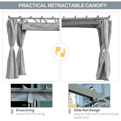 Outsunny 3.6 x 3(m) Outdoor Pergola with Retractable Roof and Curtains, Garden Gazebo Canopy Sun Shade Shelter with Aluminum Frame, Dark Grey
