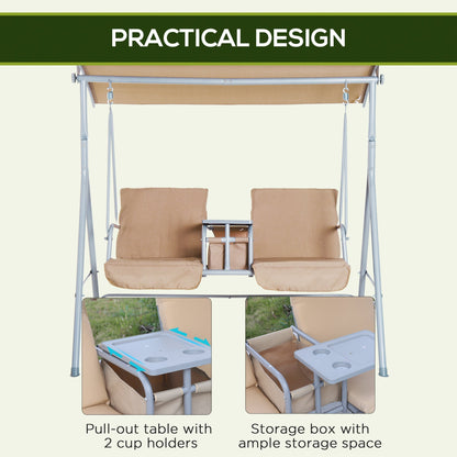 2 Seater Garden Swing Chair Patio Rocking Bench w/ Tilting Canopy, Double Padded Seats, Storage Bag and Tray, Beige