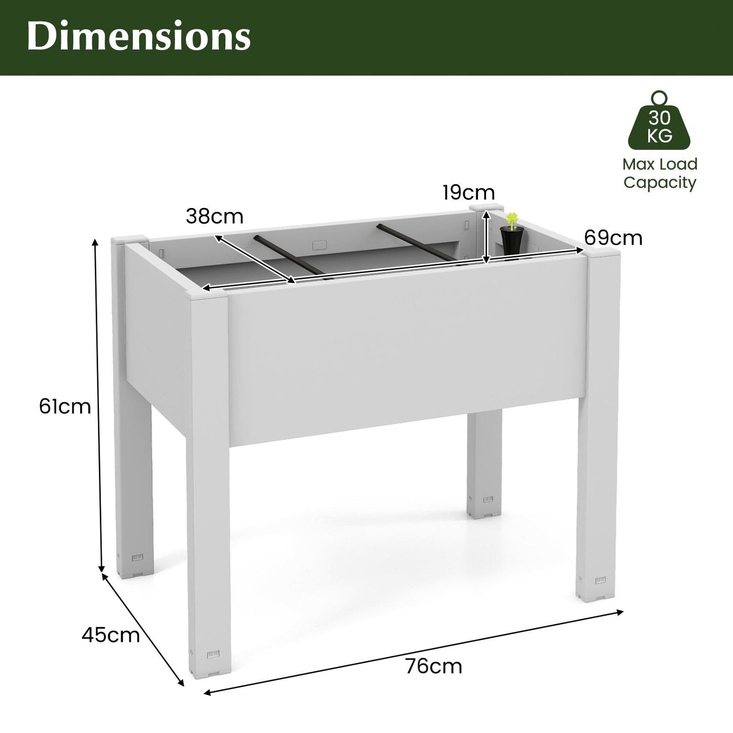53L Raised Bed Grow Box with Water Level Monitor and Drainage Hole-White