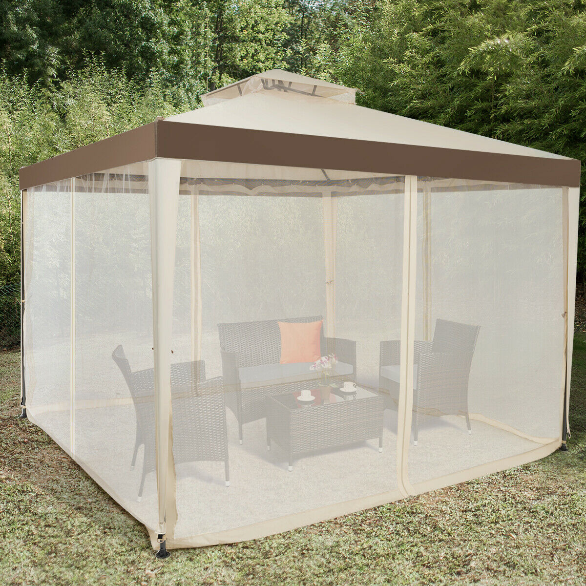 3m x 3m Gazebo Tent with Steel Frame and Double Tiered Canopy Beige