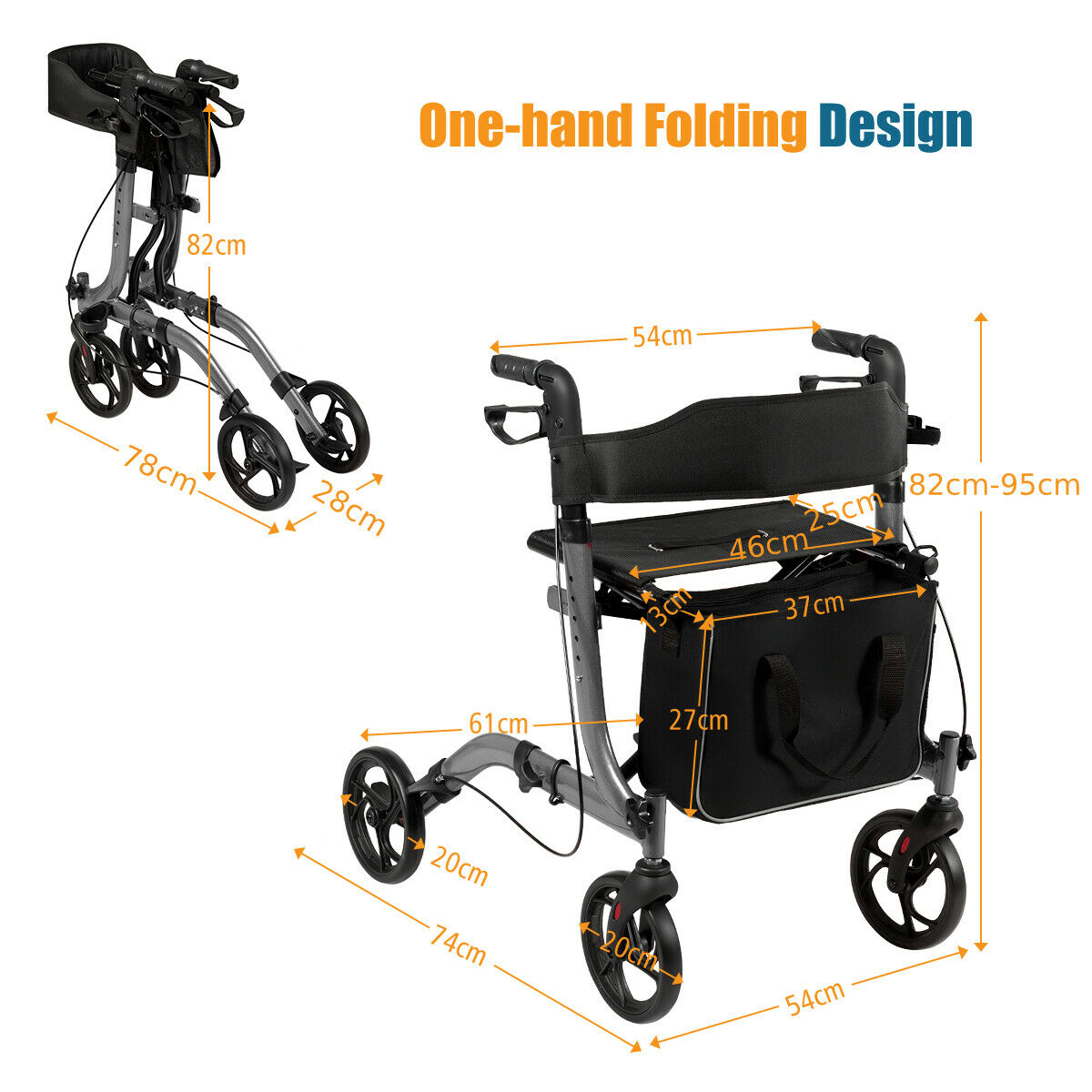 Folding Aluminium Rollator Walker Mobility Aid With 4 Wheels-Grey