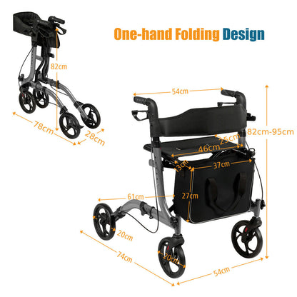 Folding Aluminium Rollator Walker Mobility Aid With 4 Wheels-Grey