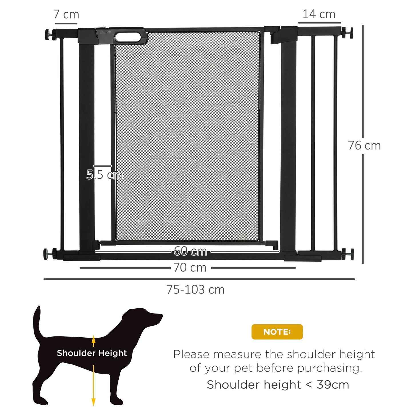 PawHut Pressure Fit Safety Gate, for Staircases, Hallways, Doorways w/ Extensions Kit, 75-103CM Adjustable Width - Black