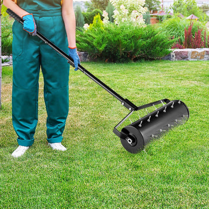 53cm Manual Lawn Aerator with 130cm Detachable Handle and Tine Spikes for Soil Loosening-Black