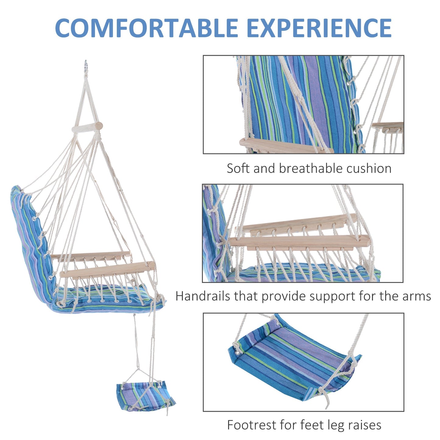 Outsunny Outdoor Hammock Hanging Rope Chair Garden Yard Patio Swing Seat Wooden w/ Footrest Armrest Cotton Cloth (Blue)