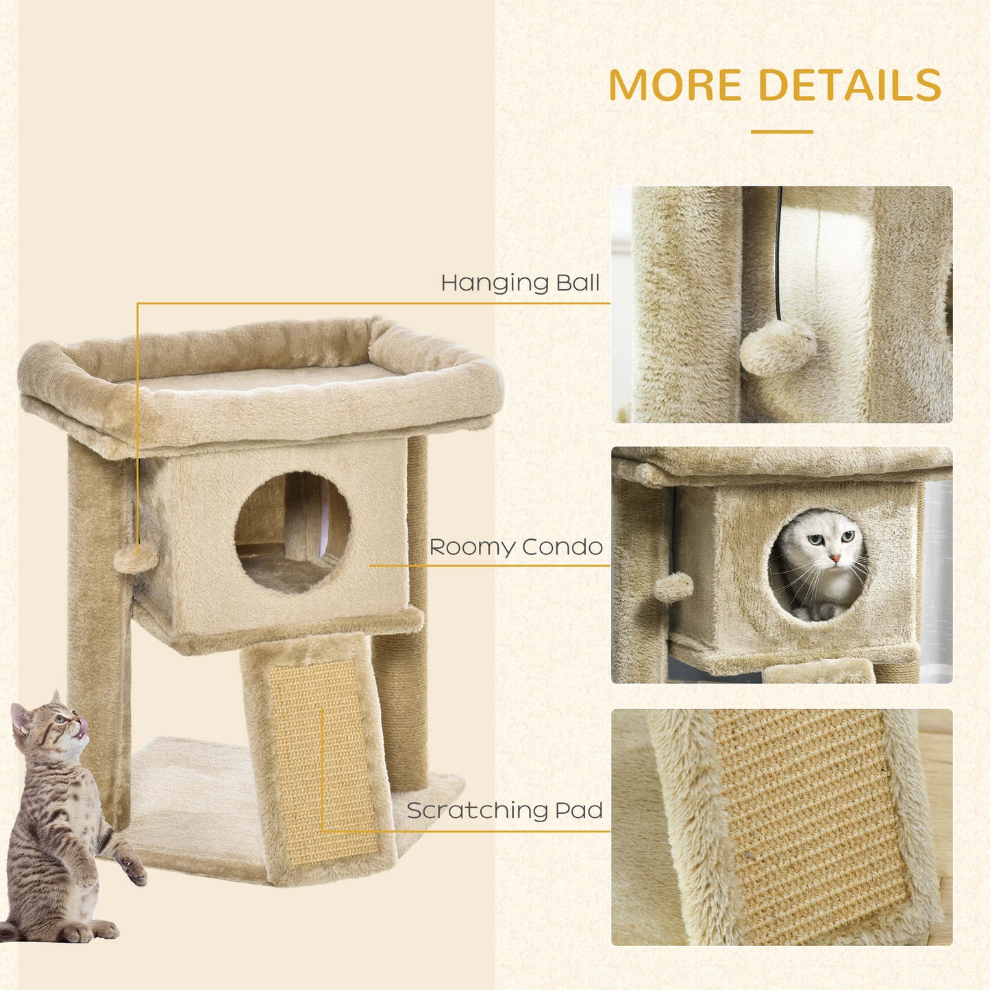 PawHut Cat Tree Tower w/ Jute Scratching Pad Ball Toy Condo 66 x 38 x 88cm Coffee