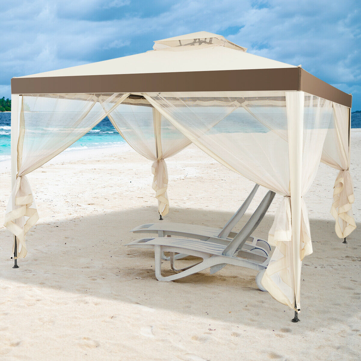 3m x 3m Gazebo Tent with Steel Frame and Double Tiered Canopy Beige