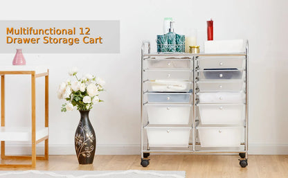 12 Drawers Rolling Storage Cart with 4 Wheels and Brakes-Clear