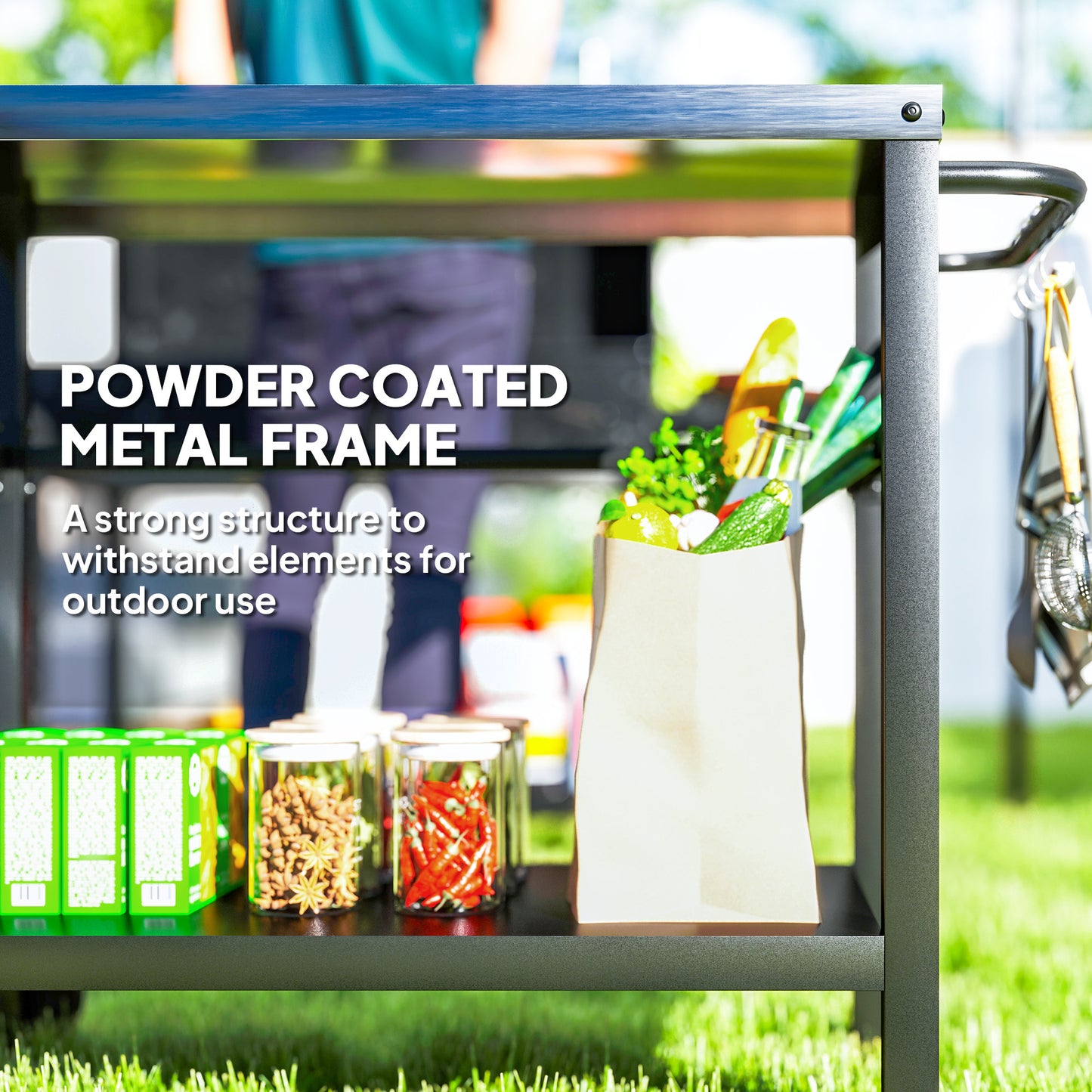 Outsunny Outdoor Grill Dining Cart 2-Shelf Movable Pizza Oven Table Stand z blatem ze stali nierdzewnej, przenośny wózek do grilla Food Prep Outdoor Kitchen BBQ Station z haczykami, kółkami i uchwytem, ​​antracytowy